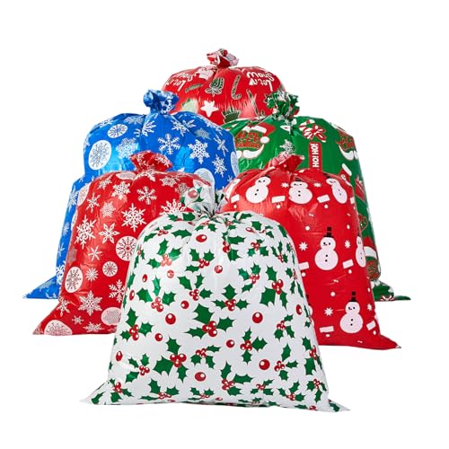 sishunhang 6PCS Large Christmas Gift Bags 44x33 Jumbo Extra Large Gift Bags with Tag and String Holiday Gift Wrap Big Xmas Plastic Gifts Bags