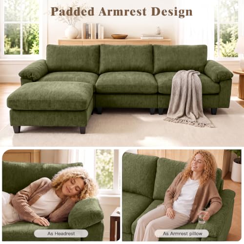 Image of Sectional Couches for Living Room, 109 inch L Shaped Cloud Sofa & Couch | Upholstered Armres, 22 inch Seat Depth, Movable Ottoman, Comfy Chenille, Easy Assembly, Green