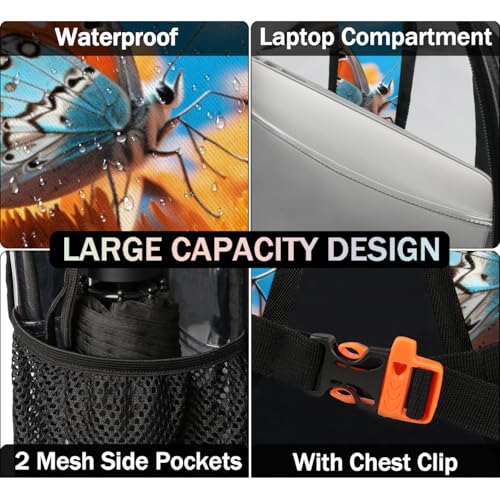 Beautiful Chrysanthemum Butterfly Clear Backpack Stadium Approved PVC Backpacks for Adults Heavy Duty Clear Bag for Work Security Travel College4