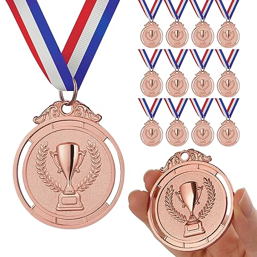 GeeRic 12 Pieces Bronze Medal with Neck Ribbons, Kids Reward