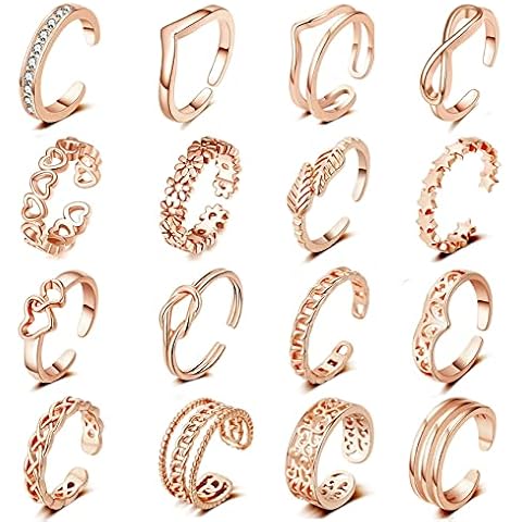 16PCS Toe Rings for Women Adjustable Knuckle Toe Ring Flower Arrow Band Heart Leaf Open Tail Rings Star Moon Hallow Open Toe Ring Set Beach Foot Jewelry Honsny Rose gold Cover