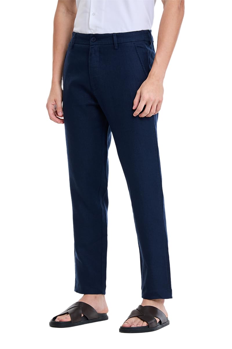 Men Linen Trousers Holiday | Regular Fit Plain Front Solid Design & Turned-up Hem Style | 100% Linen Breathable Fabric for Summer, Vacation & Casual Beach Outings-image-35