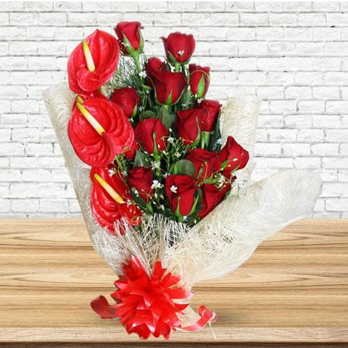 Amusing Red Roses N Anthurium Bouquet Wrapped in Tissue For Anniversary Gift, Birthday Gift, Wedding Gift, Congratulations Gift, Mother's Day Gift (Same Day Delivery)-image-24