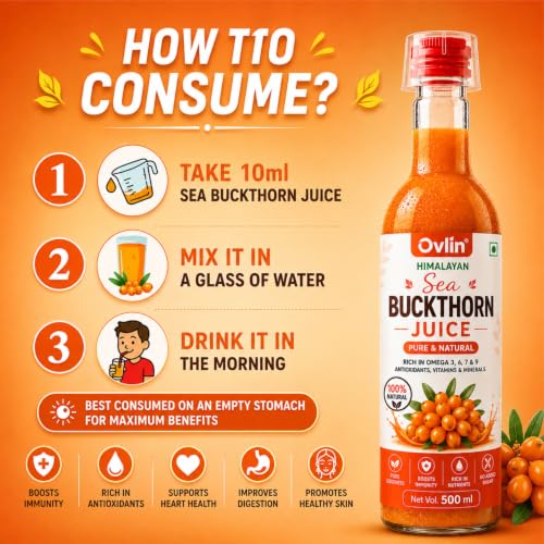 Image of Ovlin Himalayan Sea Buckthorn Juice 500ml | Pure and Natural | Rich in Omega 3, 6, 7 & 9, Antioxidants, Vitamins & Minerals | No Added Sugar | Supports Immunity, Skin & Digestion