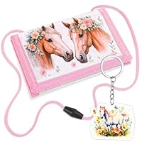 Brustbeutel Kinder, Dreifach Gefaltete Geldbörse mit Schlüsselanhänger, Kinder Portemonnaie für Jungen & Mädchen, Kindergeldbörsen Einschulung Geschenk, Geldbeutel zum Umhängen (Pferd)