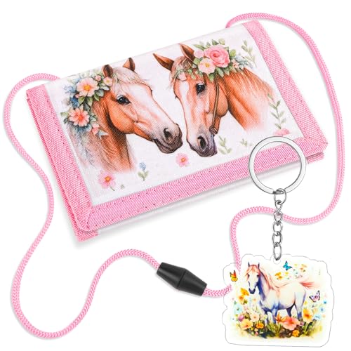 Brustbeutel Kinder, Dreifach Gefaltete Geldbörse mit Schlüsselanhänger, Kinder Portemonnaie für Jungen & Mädchen, Kindergeldbörsen Einschulung Geschenk, Geldbeutel zum Umhängen (Pferd)