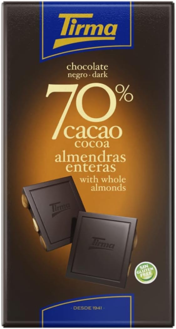 Tirma Dark Chocolate with Almonds | 70% Cocoa Chocolate with Whole Almonds | Gluten Free Chocolate | 70% Dark Chocolate | 125 g