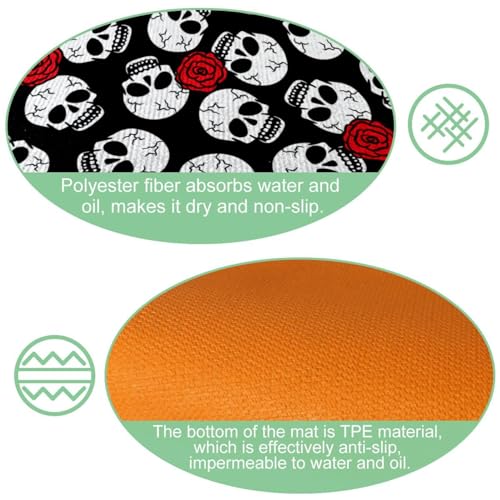 Alfombrillas de cocina lavables con estampado de calaveras y rosas rojas sobre negro 6