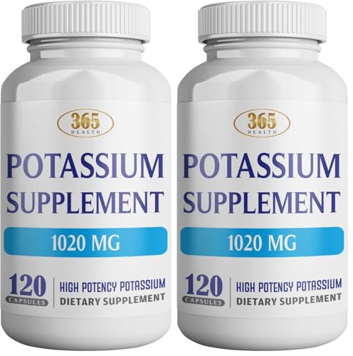 365 Health Potassium Supplement 1020 mg | Potassium Bicarbonate | Non-GMO | Gluten Free | Made in USA | 120 Vegetarian Capsules (Pack of 2) 120 Count (Pack of 2)