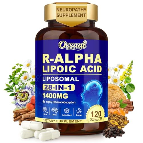 R Alpha Lipoic Acid 1400mg Neuropathy Supplements 28-in-1 Stabilized ALA Supplements with L-Carnitine NAC & Benfotiamine R-ALA Supplement Antioxidant for Nerve Brain EnergyVegan 120 Capsules