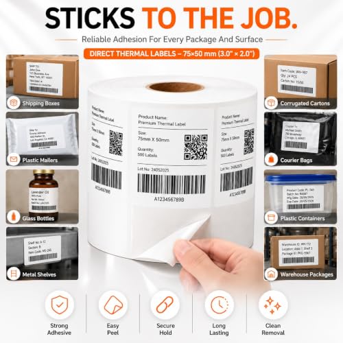 Image of Shreyans Direct Thermal Labels (Pack of 18, 75mm x 50mm) - 3600 Labels