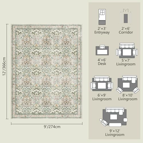 Image of 9x12 Washable Area Rug, Soft Non Slip Low Pile Rug for Living Room, Bedroom, Large Dining Room, Vintage Floral Design, Stain Resistant Carpet