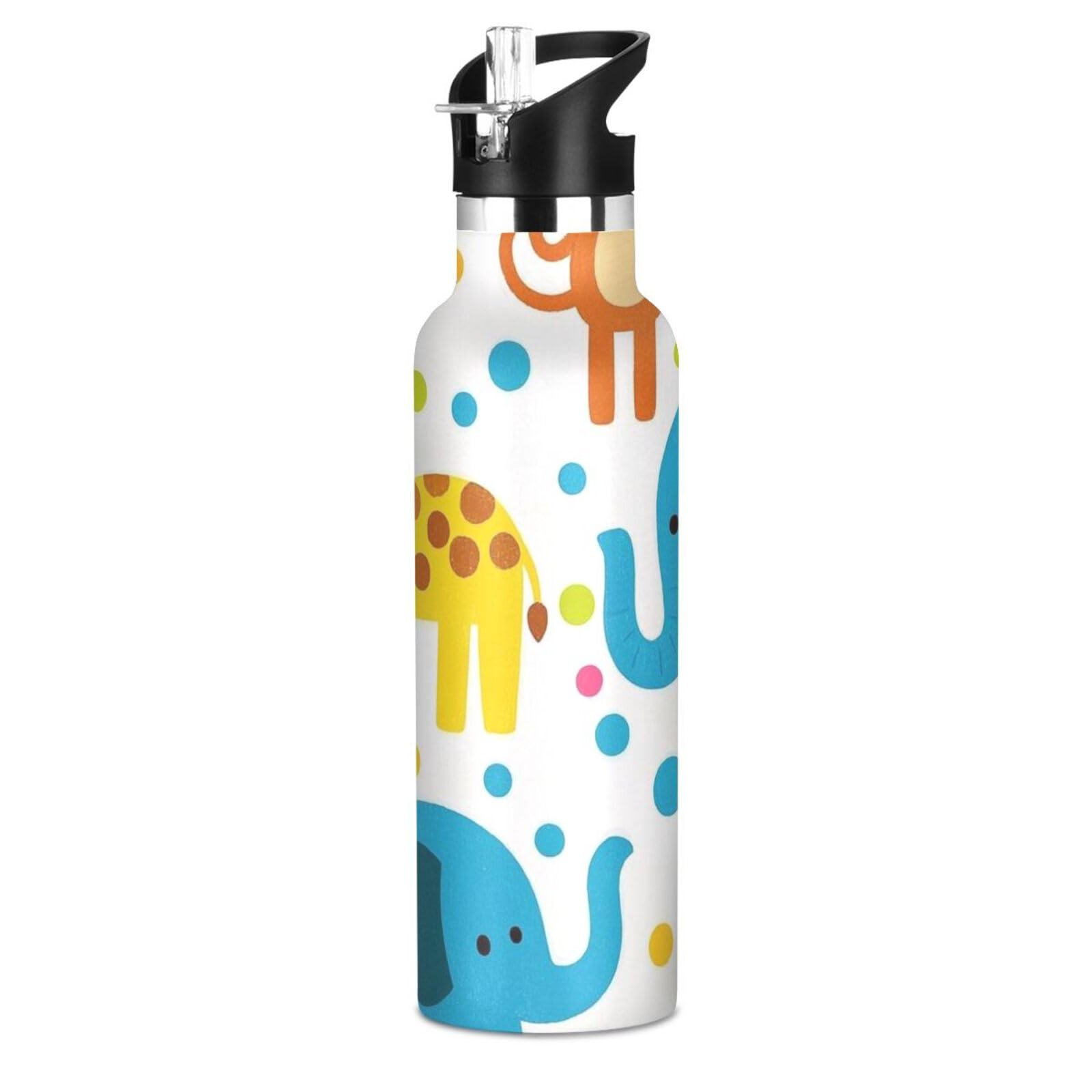 Trendy Polka Dot Animal Elephant Giraffe Lightweight Kids Water Bottle With Straws Leak-proof Double-Wall Insulation for Travel Camping