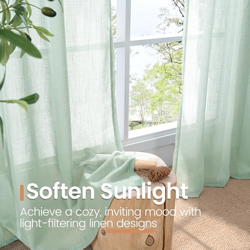 Image of BGment Light Green Linen Curtains 40 Inches Long - Sheer Kitchen Drapes Textured for Short Window with Rod Pocket Lightweight, 2 Panels Set, 42 X 40 Inch