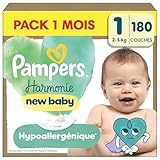 Pampers Harmonie Couches Édition Limitée, Taille 1, 180 Couches, 2kg 5kg, Conçues Pour Les Peaux Les Plus Sensibles, Pack 1 Mois