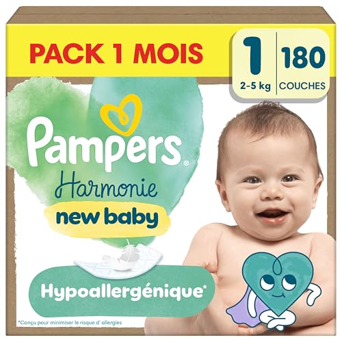 Pampers Harmonie Couches Édition Limitée, Taille 1, 180 Couches, 2kg-5kg, Conçues Pour Les Peaux Les Plus Sensibles, Pack 1 Mois