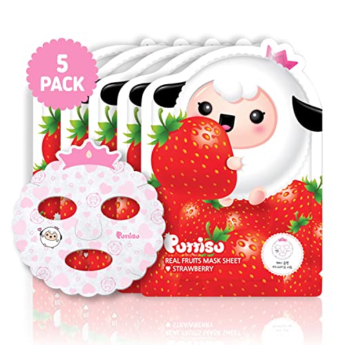 Puttisu Real Fruit Facial Mask Sheet For Kids, Children - Made With 100% Cotton, Moisturize, Sooths And Hydrates Skin (Strawberry- Pack Of 5) #TOP1