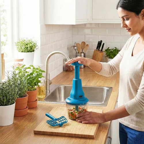 Image of Chopper for Kitchen Use | 650 ml Round Push Chopper with 3 Blades and Whisker | Chopping Vegetables & Fruits, Onion, Ginger, Garlic, Salad, Tomato, Potato (Blue)