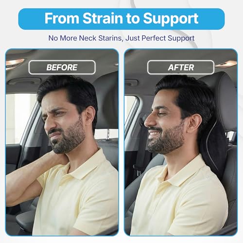 Image of KINGSWAY Car Accessories Headrest Seat Cushion, Universal Use, Long Drive Travel Orthopedic Neck Rest Car Memory Foam Pillow in Black, Super Soft and Super Comfort Sciatica Back Support, Pack of 1