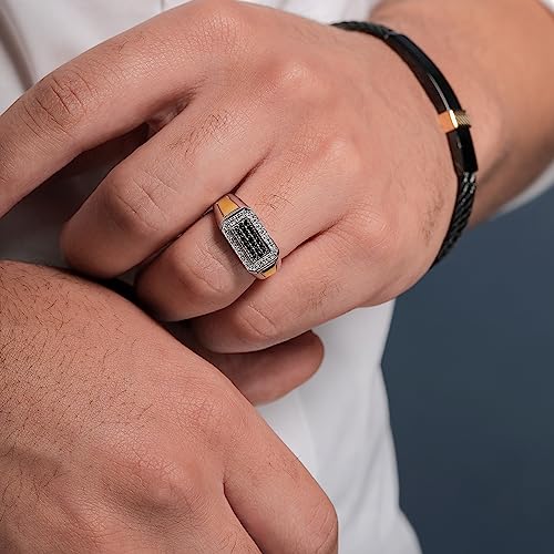 Gem Stone King Men's 925 Sterling Silver and 10K Yellow Gold Black Diamond and White Lab Grown Diamond Ring For Men | 0.40 Cttw | 9.5MM Width | Available in Size 7,8,9,10,11,12,134