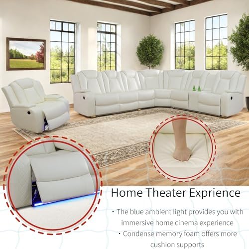Power Recliner Sofa Sectional Sofa with LED Light for Living Room, Air Leather Reclining Corner Sectional Sofa Set, Cup Holder, Storage Console for Home Theater Seating (Sectional+Chair) - Thumbnail 4