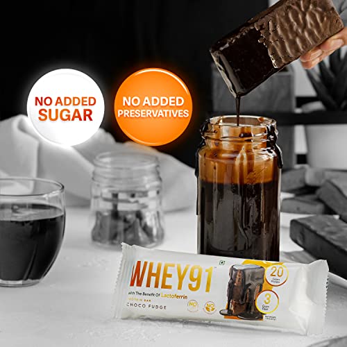 Image of WHEY91 Choco Fudge Protein Bar | 20G Protein & 3G Fibre Per Bar | Whey Protein | Immunity Booster Lactoferrin | No Added Preservatives |No Added Sugar |(Pack Of 6 Bars) 360 Gm