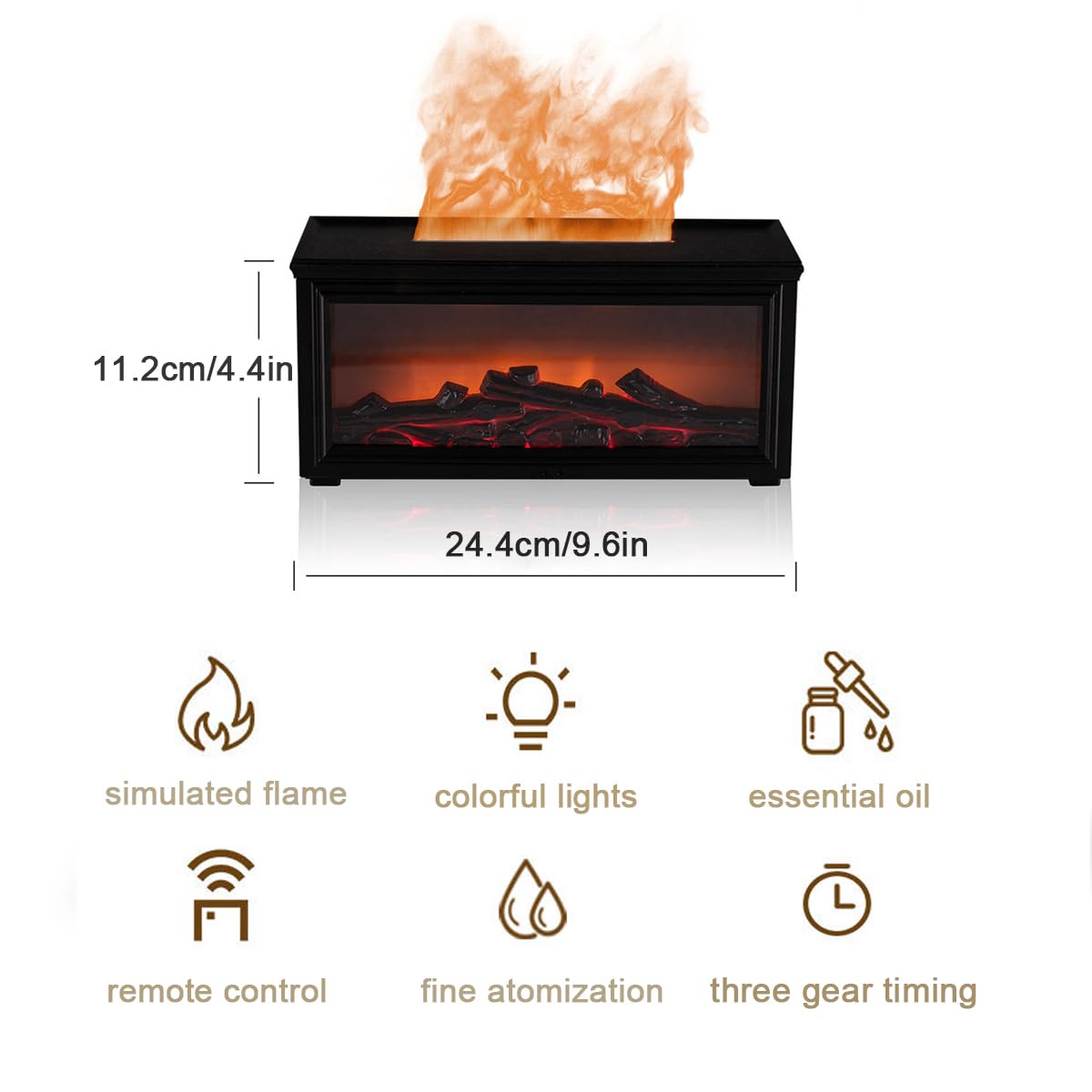 ThreeH 280ml dyfuzor kominkowy z realistycznym efektem płomienia 3D, kontroler, timer, 7 kolorów LED i automatycznym wyłączaniem
