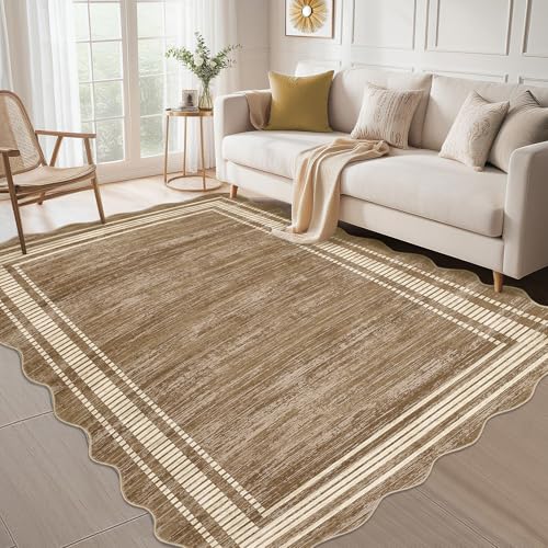 GarveeHome Washable Scalloped Rug 10x13 Area Rugs, Modern Neutral Living Room Rugs,Large Washable Solid Farmhouse Carpet Abstract Bordered Carpet for Bedroom Apartment Table Dorm Nursery,Brown