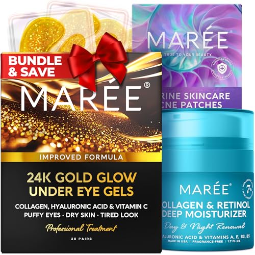 MAREE Skincare Bundle - Under Eye 24K Gold Patches, Face Moisturizer & Acne Сlearing Devices - Collagen & Hyaluronic Acid, Retinol, Green Algae Extract & Tea Tree Oil - All Skin Types