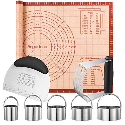 Biscuit Cutter,Pastry Cutter, Bench Scraper, Silicone Pastry Dough Baking Mat Set, Baking Tools and Accessories Kit by Angadona - Used condition - US$17.89