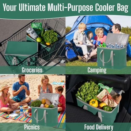 Image of 2 Pack Large Insulated Bag with Reinforced Lid and Handles, Foldable Cooler Stand Up Shopping, Thermal Reusable, Durable Meal (Green, Pack of 2)