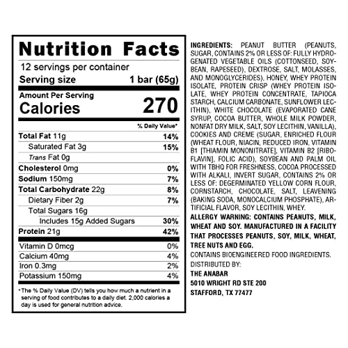 Anabar Protein Bar, Protein Packed Candy Bar, Amazing Tasting Protein Bar, Real Food, No Fillers, 21 Grams Of Protein, No Sugar Alcohol (12 Bars, White Chocolate Cookies & Creme) #TOP1