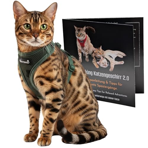 Pettorina per gatti Easy Walking 2.0 anti-eruzione, regolabile, non sopra la testa del Bengal, Maine Coon per gatti piccoli e grandi (verde mimetico, M)