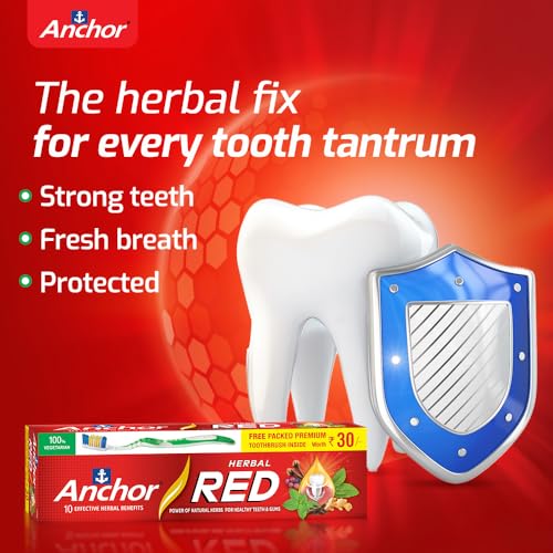Image of Anchor Herbal Red Ayurvedic Toothpaste 300g (200g+100g) Pack of 2 + Free Toothbrush | 6 Natural Ingredients | Healthy Gums, Plaque Protection & Fresh Breath | 100% Vegetarian
