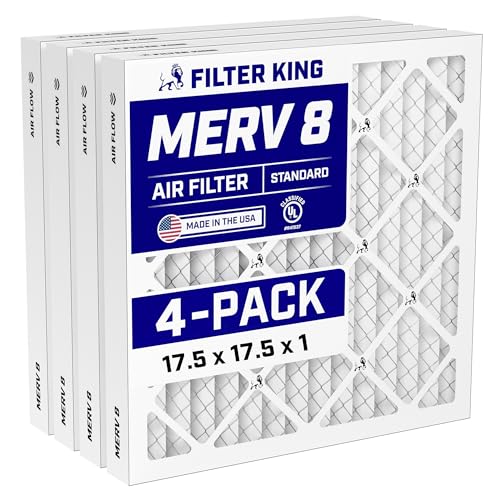 Filter King 17.5x17.5x1 Air Filter (MERV 8) (4-Pack) Dust & Allergy Control AC Furnace Filters MADE IN USA HVAC Pleated Electrostatic (Actual Size: 17.5 x 17.5 x .75)