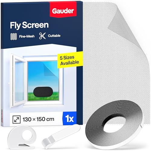 GAUDER Fly Screen for Windows - Self-Adhesive Insect Screen for Windows - Mosquito Net - Cut-to-Size Fine Mesh Window Bug Net (130 x 150 cm - Black)
