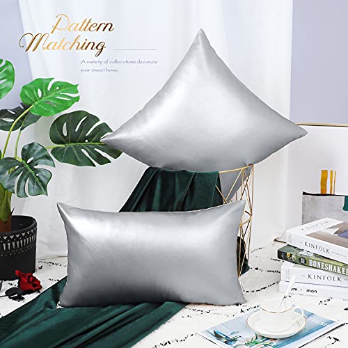 Image of BRAWARM Pack of 2 Cozy Throw Pillow Covers Cases for Couch Sofa Bed Solid Faux Leather Soft Luxury Cushion Covers Both Sides Home Decoration 20 X 20 Inches Silver