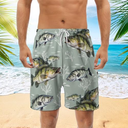 Bass Fish Mens Swim Trunks - Beach Hawaiian Mens Shorts Casual - Summer Drawstring Beachwear Shorts PA332