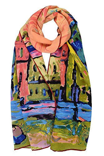 Luxurious 100% Charmeuse Silk World Famous Oil Painting Collection Long Scarf Shawl with Hand Rolled Edge, Wassily Kandinsky