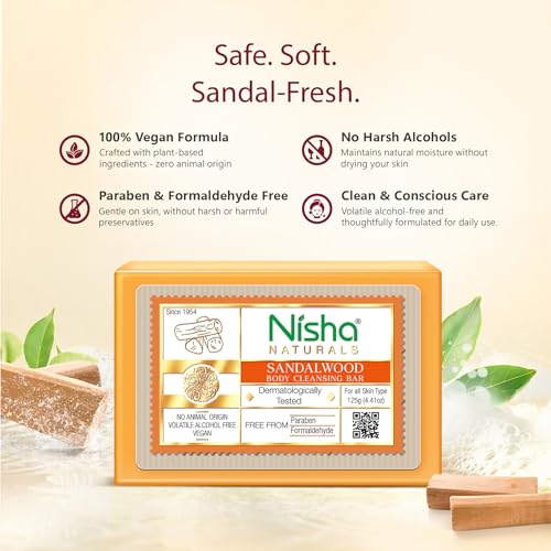 Image of Nisha Sandalwood Body Cleansing Soap Bar 125g - Paraben Free, Vegan, Gentle Cleanse for Soft & Supple Skin, Suitable for All Skin Types, Men & Women