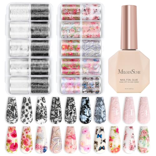 Image of MelodySusie Nail Foil Glue Gel with 20 Rolls Lace Flower Stickers Set | Lace Flower Butterfly Stickers for Nail Art, Professional Strong Sticky Base for Nail Foils & Stickers, Need Cure