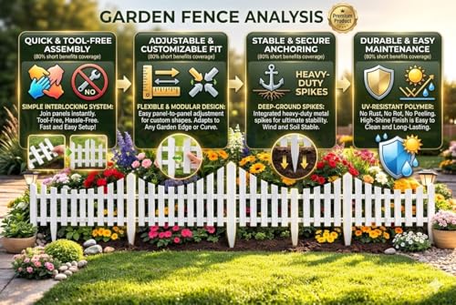 Image of Garden Fence Decorative Interlocking Plastic Border Panels (6 Panels,7.5ft Length) White Weather Resistant Outdoor Garden Edging Fence with Locking System for Lawn, Plants, Pathway & Flower Beds
