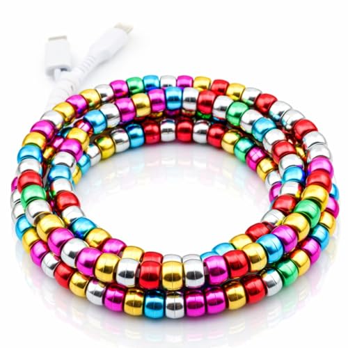 Image of Stylish [Apple MFi Certified] Beaded Phone Charger Cable Metallic Colors USB Cable 2 in1 USB-C Charging Cord for Smartphones 3.3ft (Multicolor)