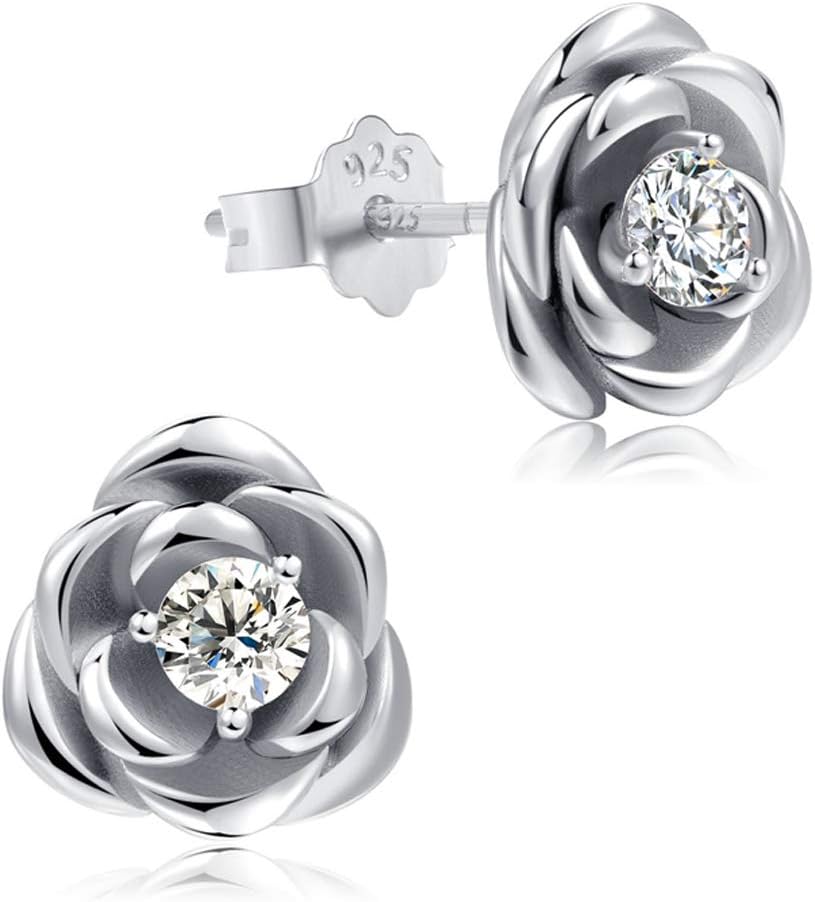 Flower Stud Earrings Sterling Silver, 5 Styles Options, Rose | Sunflower | Daisy | Lotus | CZ (CZ Flower)