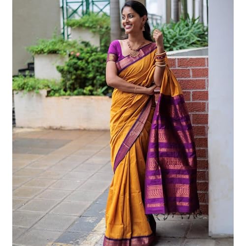 Image of DHIHA Gadwal Cotton Saree for Women | Pure Kalyani Cotton Saree with Zari Border Tassels & Blouse | Kanjivaram Linen Silk | Handloom Weave
