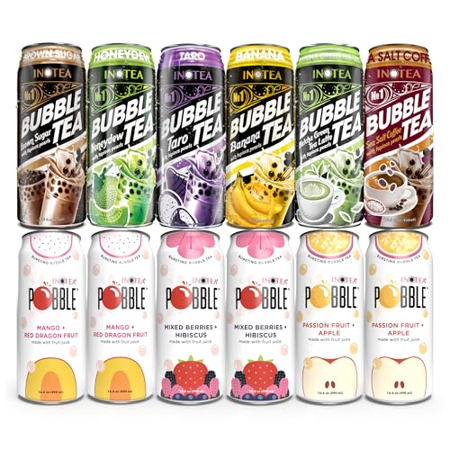 (Pack of 12) INOTEA Bubble Tea and Pobble Variety Pack | Assortment Contains Different Combinations of Bubble Tea and Pobble (Bursting Bubble Tea). Bubble Tea Flavors: Brown Sugar, Honey Dew, Taro, Banana, Matcha Latte, and Sea Salt Coffee. Pobble Flavors: Mango+Red Dragon Fruit, Mixed Berries+Hibiscus, and Passion Fruit+Apple. Straws Included. (INOTEA Assorted Pack 1)