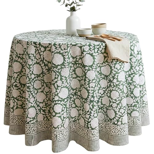 ATOSII Shalimar Green 100% Cotton Round Boho Fall Tablecloth, Handblock Floral Table Cloth Linen for Kitchen Dining I Parties Wedding Outdoors Christmas Thanksgiving I Fall Home Decor 72" Inches Round