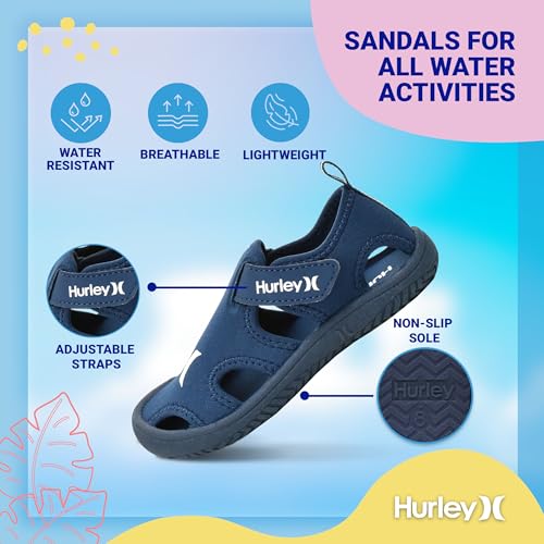 Image of Hurley Kona Toddler Water Shoes - Beach Essentials, Girls and Boys Closed Toe Sandals, Lightweight, Breathable, Kids Water Shoes with Non-Slip Sole and Adjustable Straps, Outdoor Toddler Swim Shoes