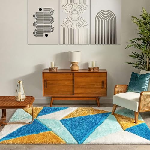 Image of Shaggy Rugs 9X12 FEET Soft and Cozy Carpet for Living Room & Hall, Bedroom, and Kids Room Non-Slip, High Pile, Machine Washable, Perfect for Any Room (Blue Yellow)