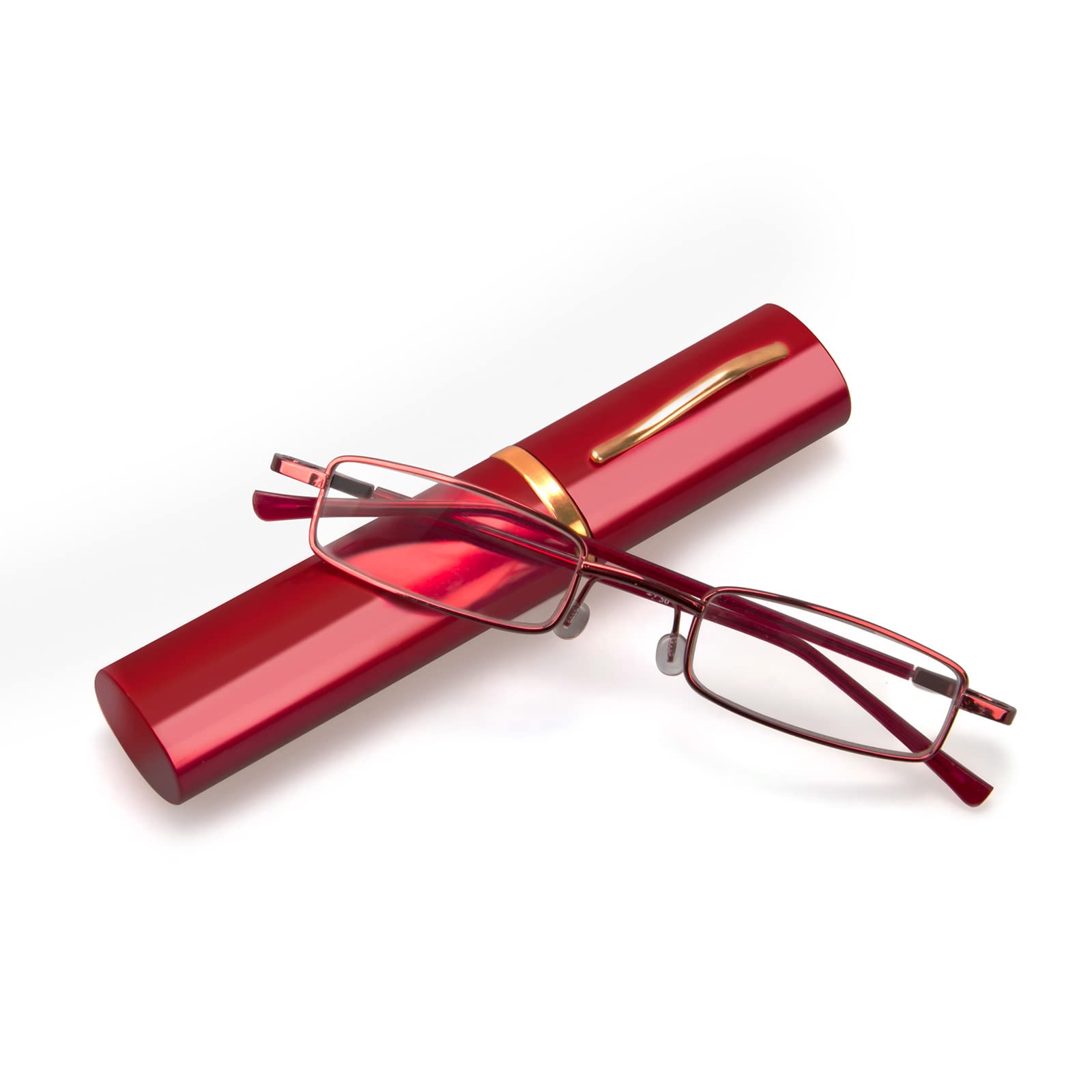 KoKoBin Flexibel Metall Lesebrille Sehhilfe Federn-Scharnier Lesehilfe Unisex Lesegerät mit Brillenetui wie Stifthalter (rot, +1.0 Dioptrien)
